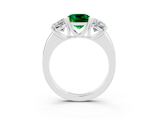 White gold Cushion Cut Emerald Three-Stone Ring with Four-Prong Setting and Classic Band