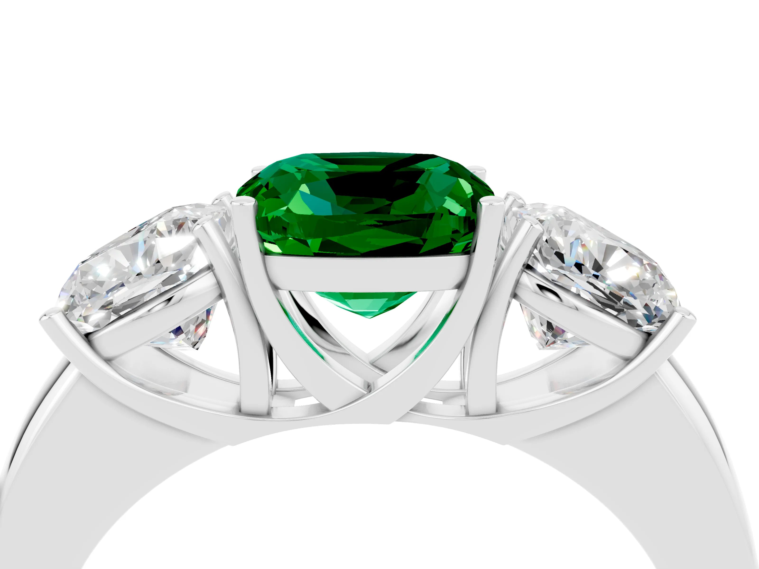 White gold Cushion Cut Emerald Three-Stone Ring with Four-Prong Setting and Classic Band_4