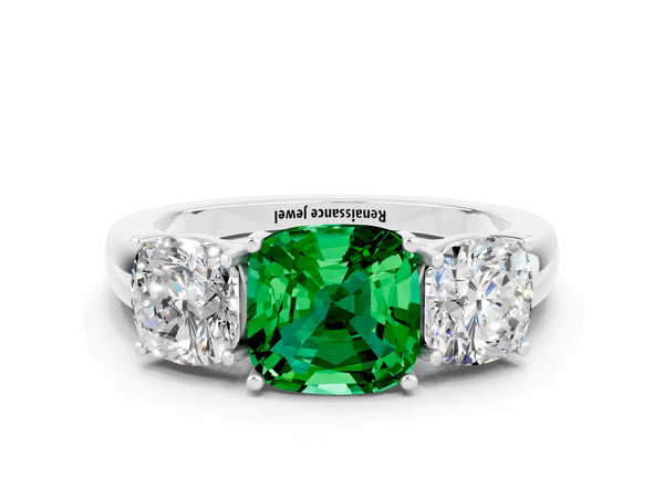Silver Cushion Cut Emerald Three-Stone Ring with Four-Prong Setting and Classic Band