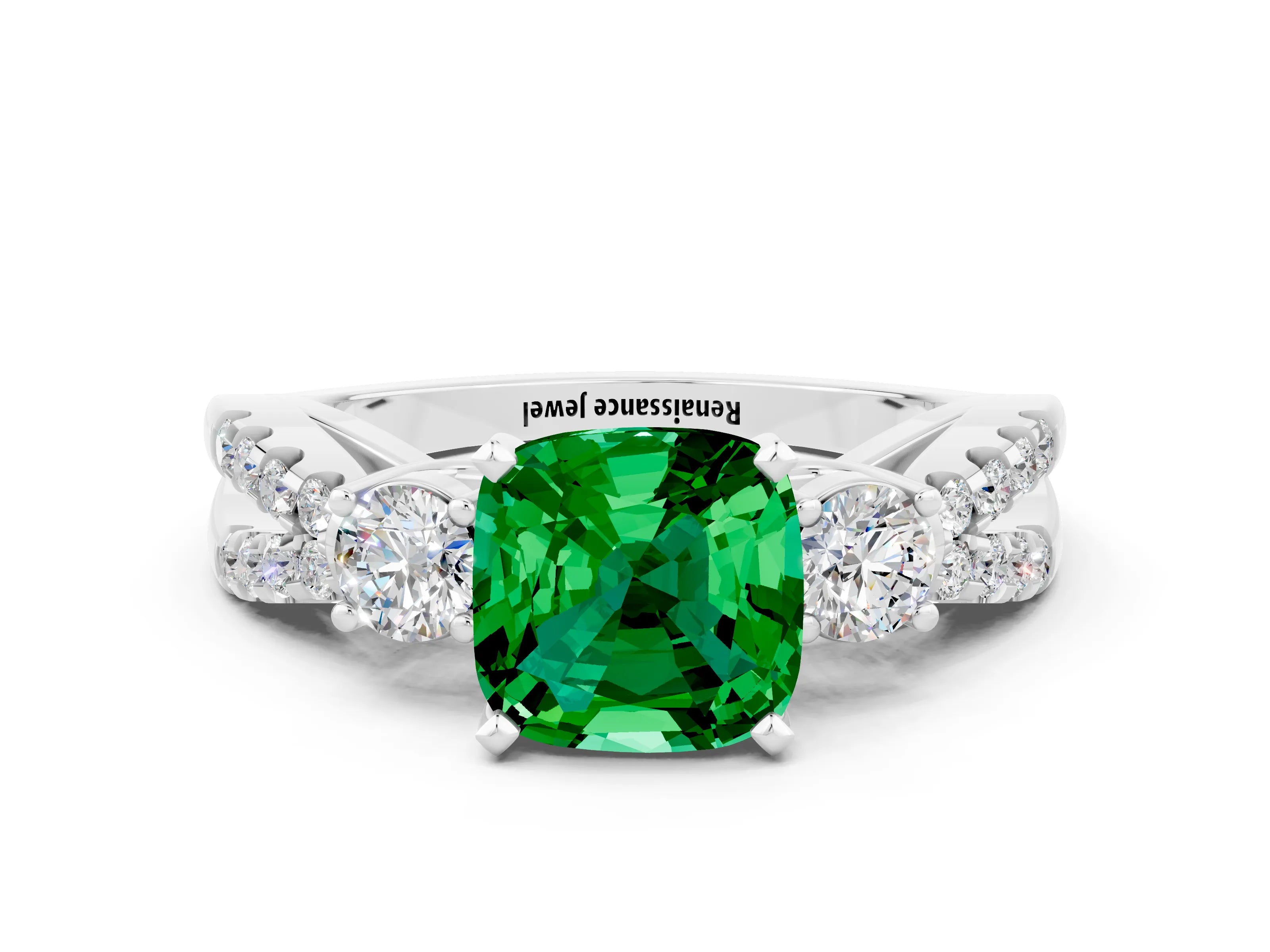 White gold Cushion Cut Emerald Three-Stone Ring with Pavé Split Shank and Four-Prong Setting_12