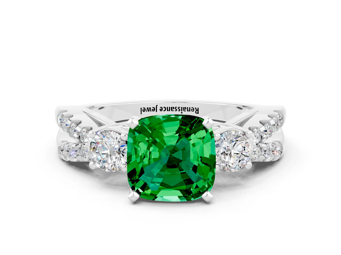 White gold Cushion Cut Emerald Three-Stone Ring with Pavé Split Shank and Four-Prong Setting_12