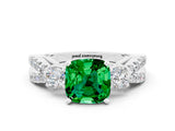 White gold Cushion Cut Emerald Three-Stone Ring with Pavé Split Shank and Four-Prong Setting_12