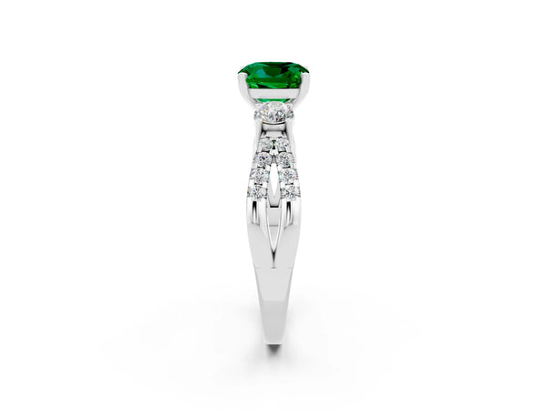 Platinum Cushion Cut Emerald Three-Stone Ring with Pavé Split Shank and Four-Prong Setting