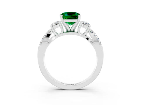 White gold Cushion Cut Emerald Three-Stone Ring with Pavé Split Shank and Four-Prong Setting_15