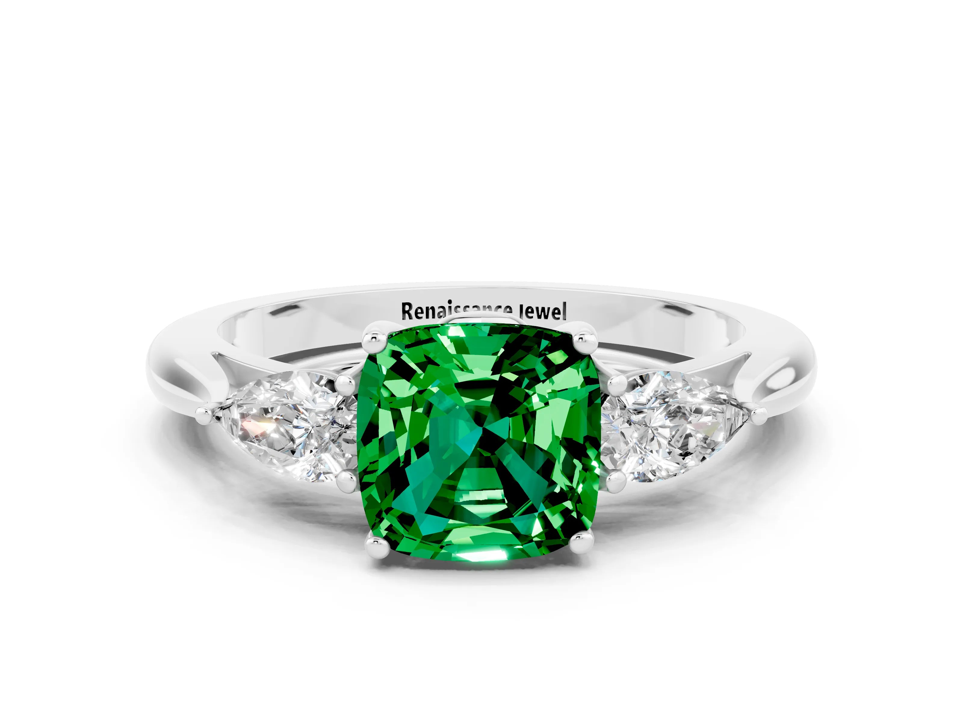 White gold Cushion Cut Emerald Three-Stone Ring with Pear Side Stones and Four-Prong Setting_12