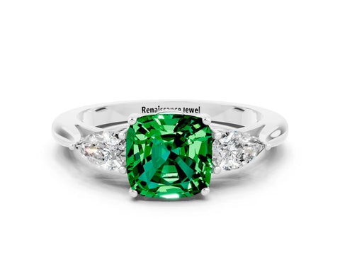 White gold Cushion Cut Emerald Three-Stone Ring with Pear Side Stones and Four-Prong Setting_12