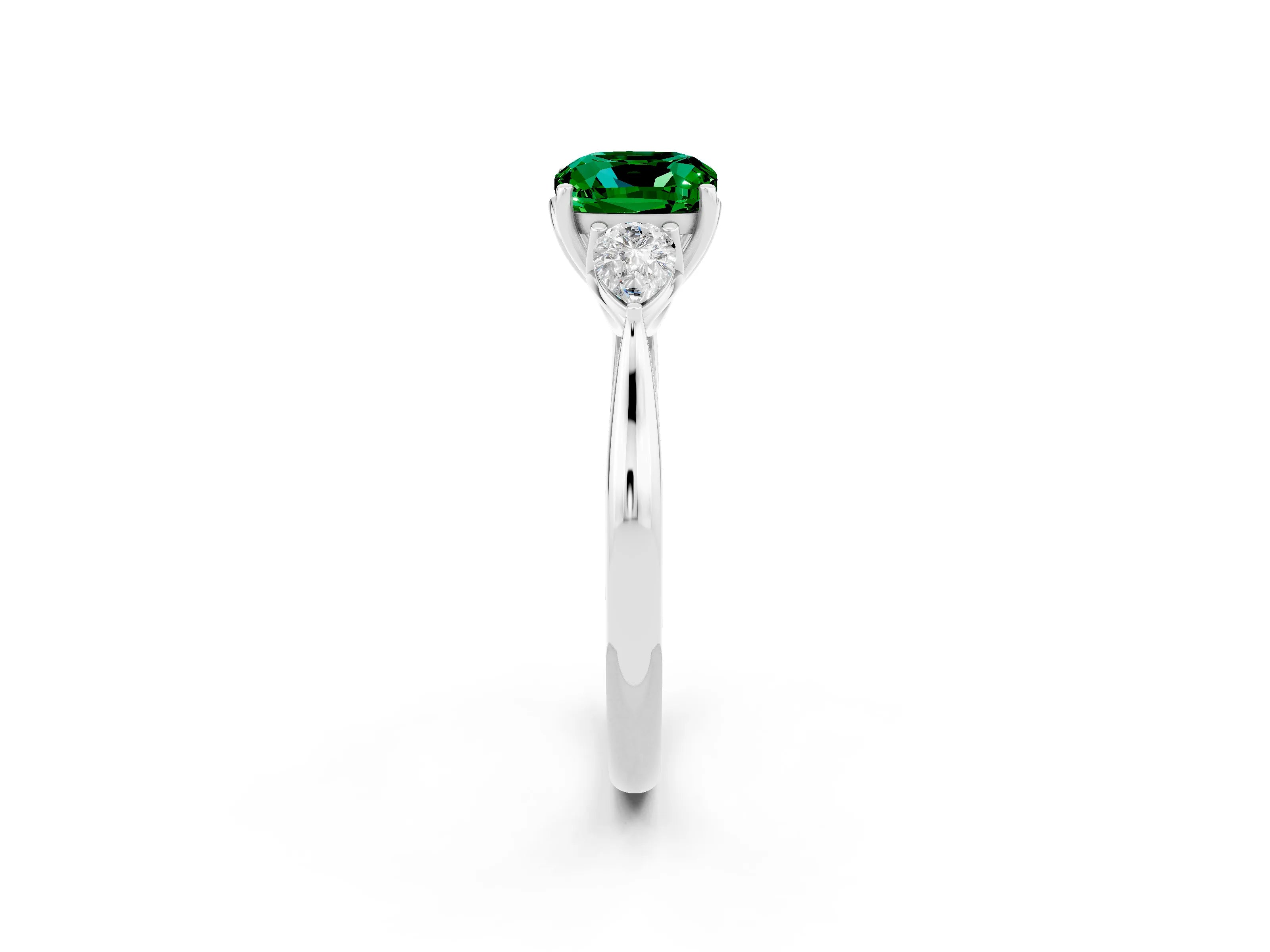 White gold Cushion Cut Emerald Three-Stone Ring with Pear Side Stones and Four-Prong Setting_14