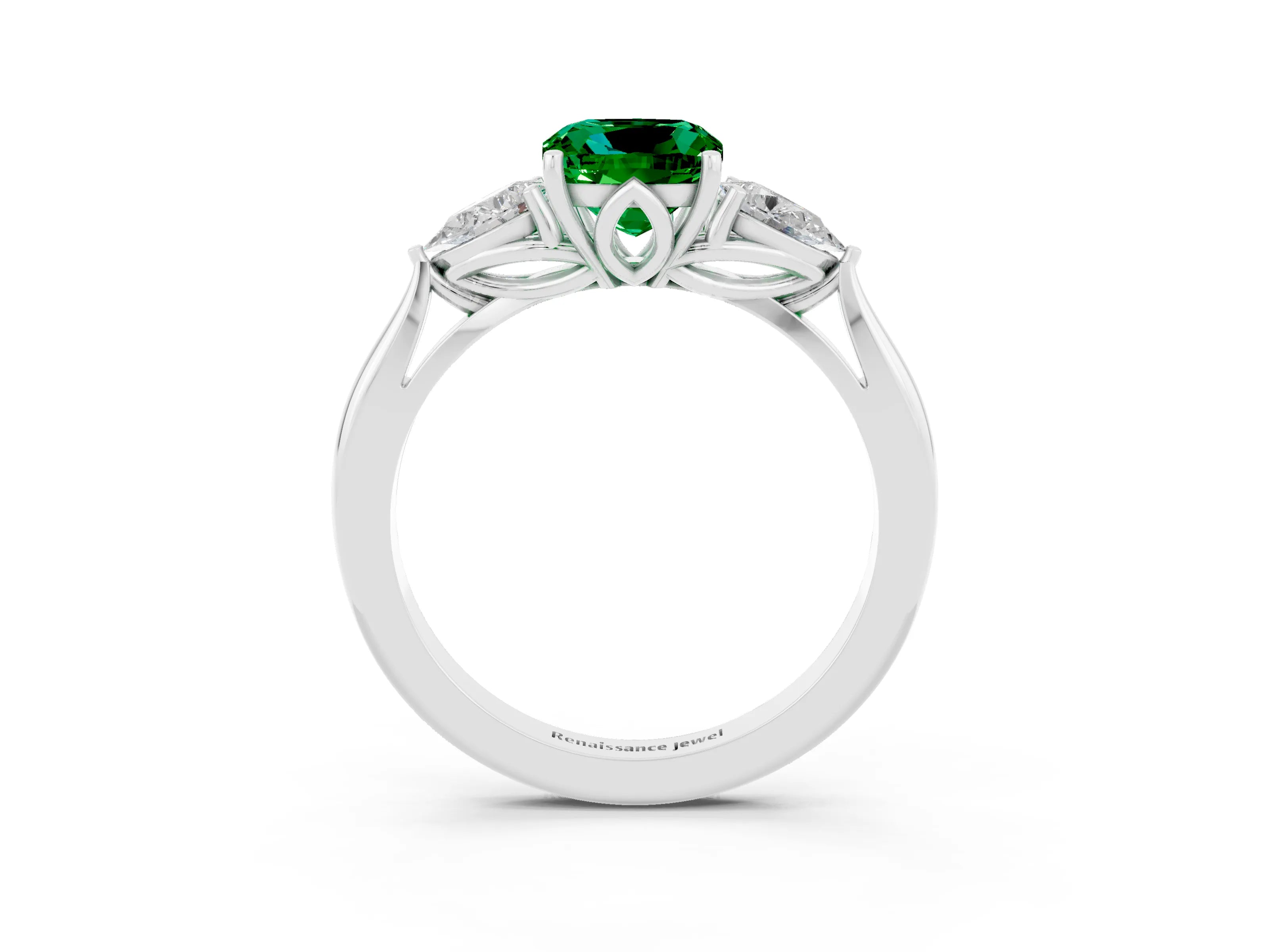 White gold Cushion Cut Emerald Three-Stone Ring with Pear Side Stones and Four-Prong Setting_15