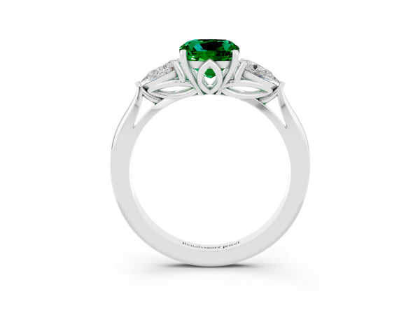 Silver Cushion Cut Emerald Three-Stone Ring with Pear  Side Stones and Prong Setting