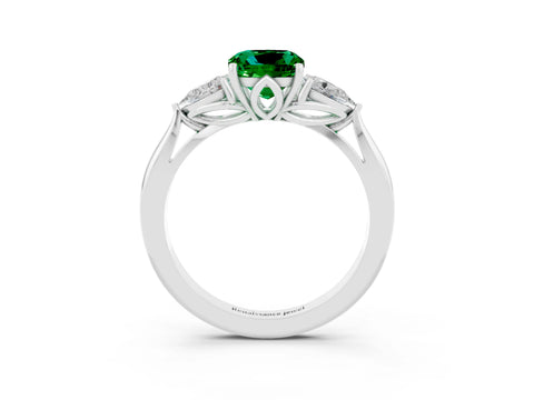 White gold Cushion Cut Emerald Three-Stone Ring with Pear Side Stones and Four-Prong Setting_15