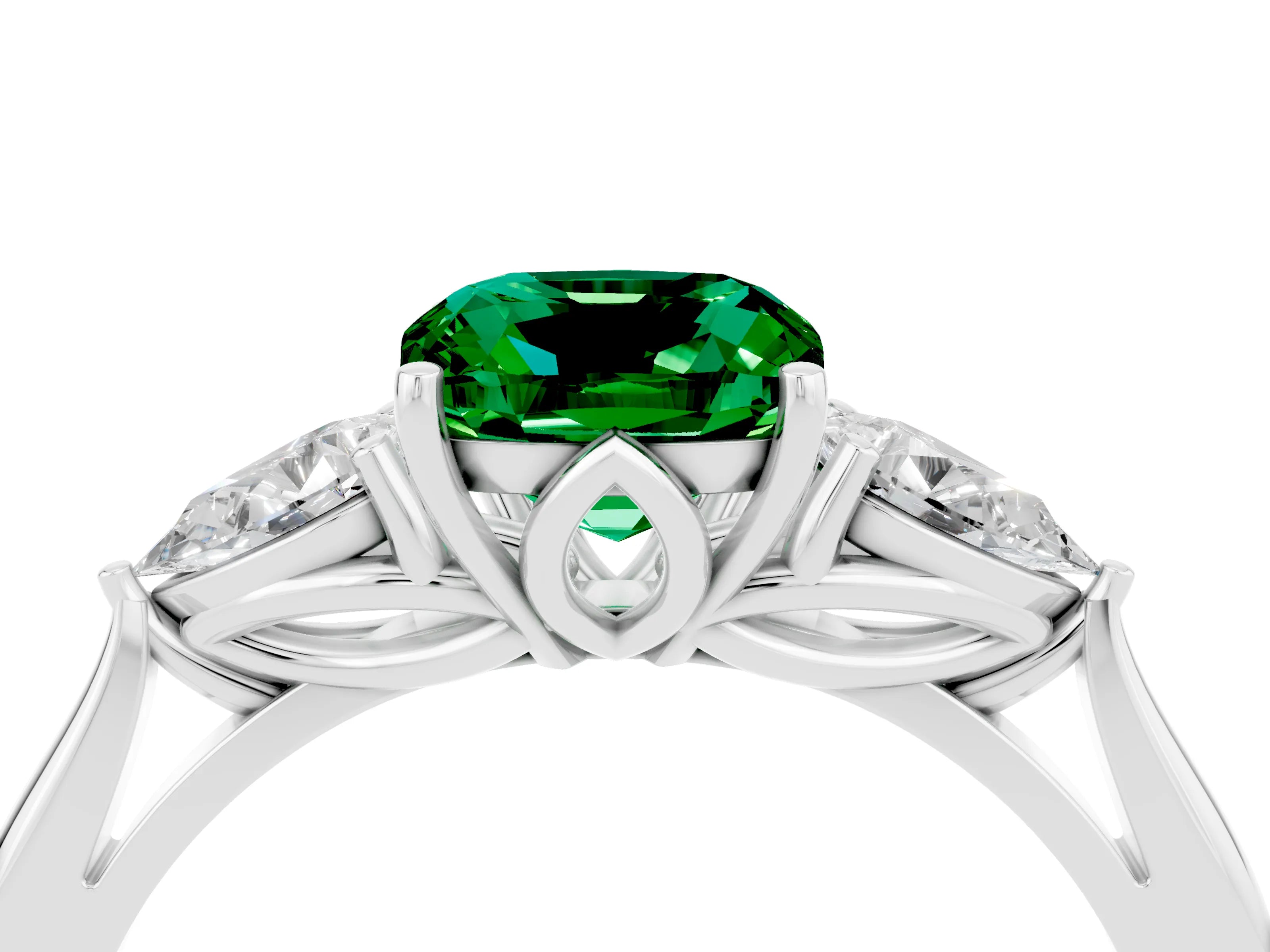 White gold Cushion Cut Emerald Three-Stone Ring with Pear Side Stones and Four-Prong Setting_16