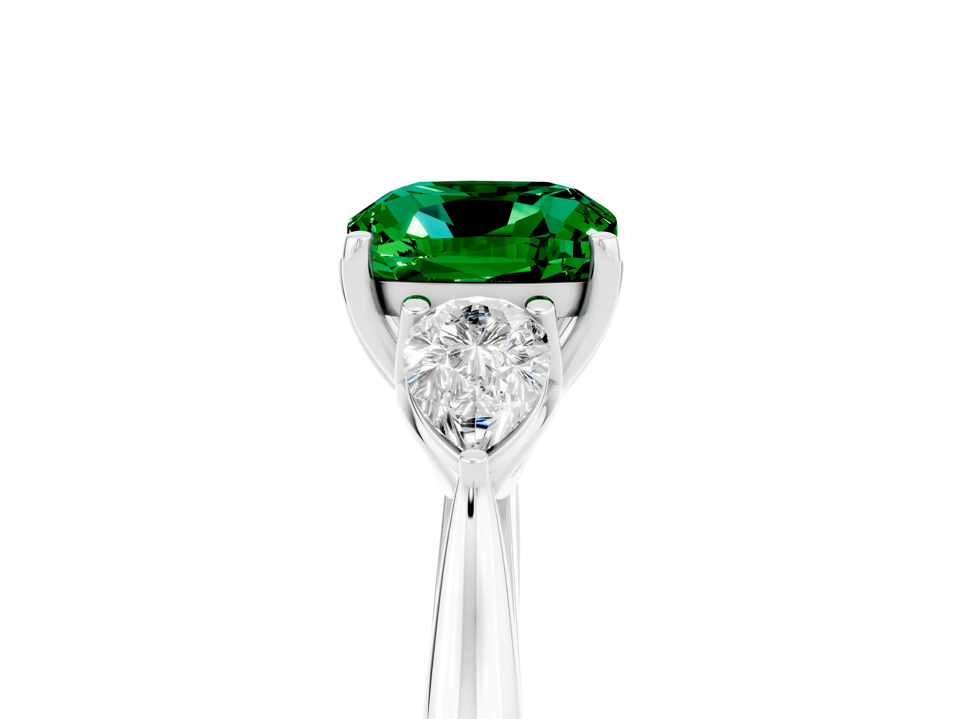 White gold Cushion Cut Emerald Three-Stone Ring with Pear Side Stones and Four-Prong Setting_17