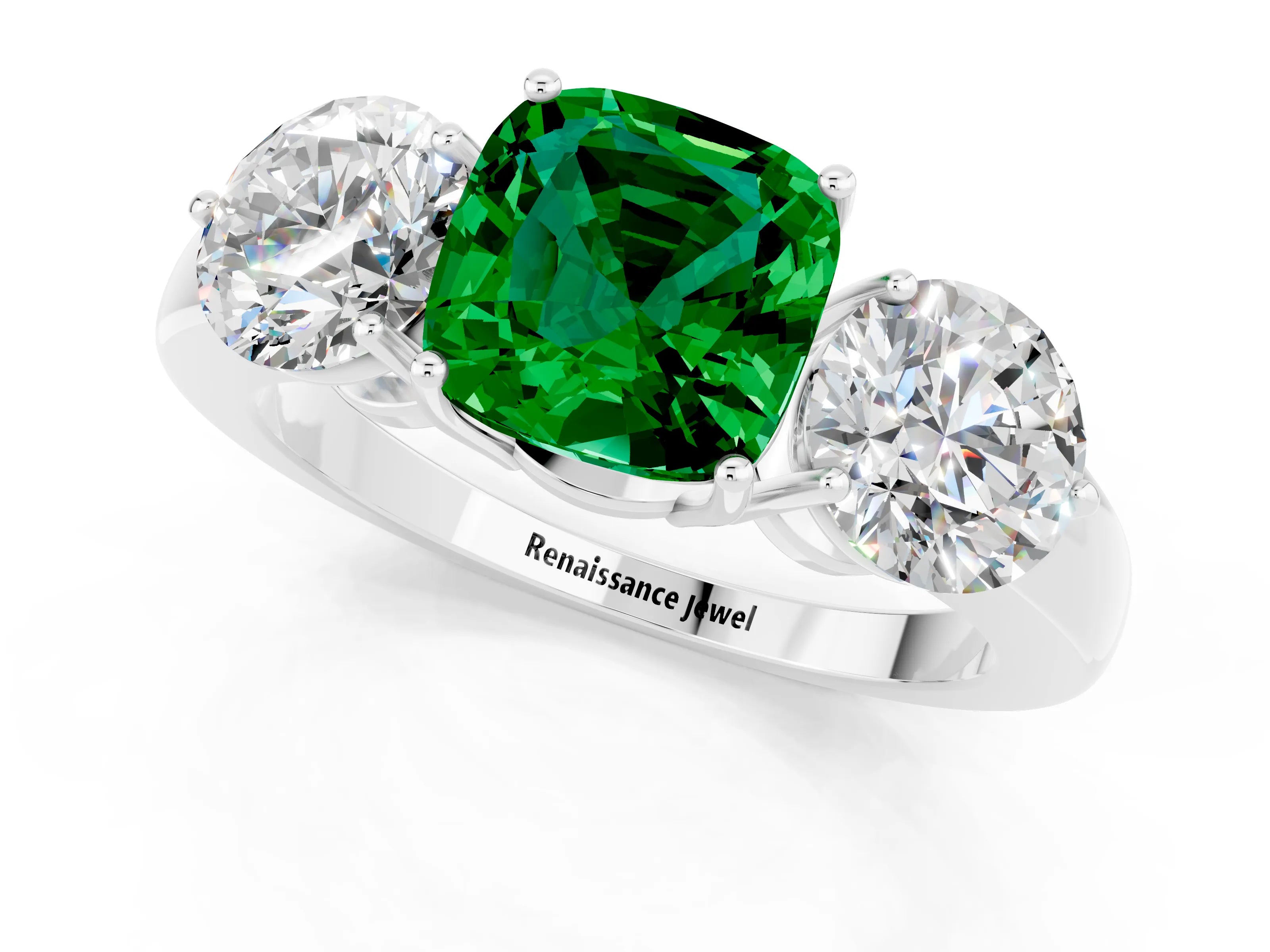 White gold Cushion Cut Emerald Three-Stone Ring with Prong Setting and Classic Band_1