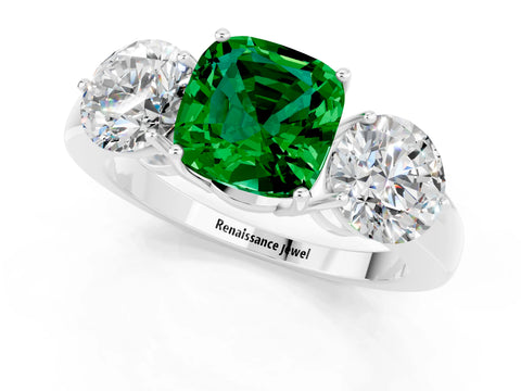 White gold Cushion Cut Emerald Three-Stone Ring with Prong Setting and Classic Band_1