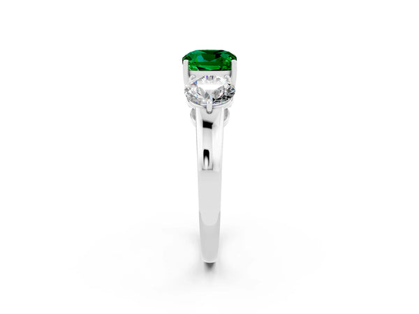 Silver Cushion Cut Emerald Three-Stone Ring with Prong Setting and Classic Band