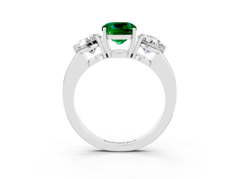 White gold Cushion Cut Emerald Three-Stone Ring with Prong Setting and Classic Band_3