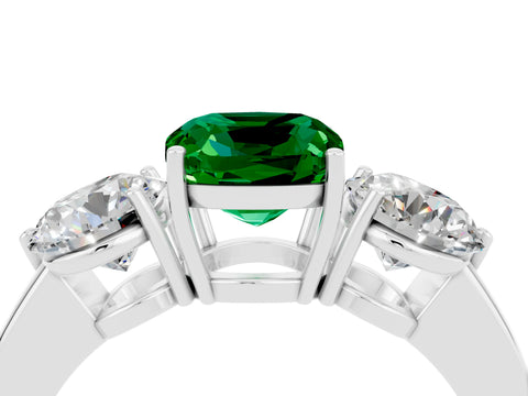 White gold Cushion Cut Emerald Three-Stone Ring with Prong Setting and Classic Band_4