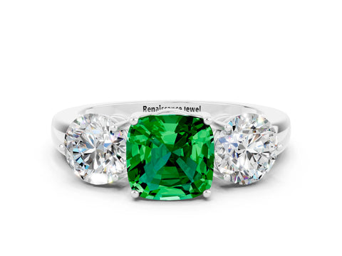 White gold Cushion Cut Emerald Three-Stone Ring with Prong Setting and Classic Band