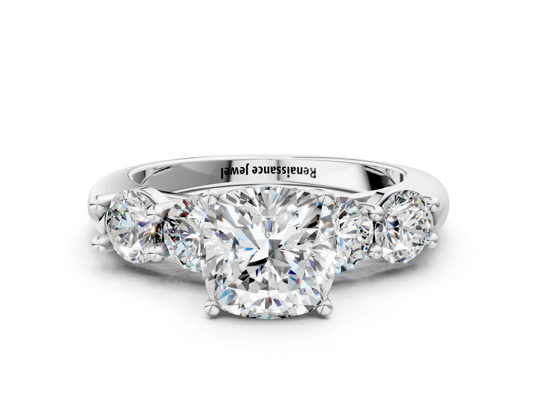 White gold Cushion Cut Five-Stone Prong Set Diamond Ring with Classic Band_68