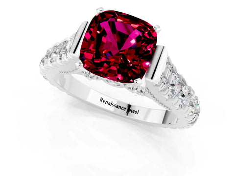 White gold Cushion Cut Garnet Classic Solitaire Ring with Pavé Band and Four-Prong Setting_1