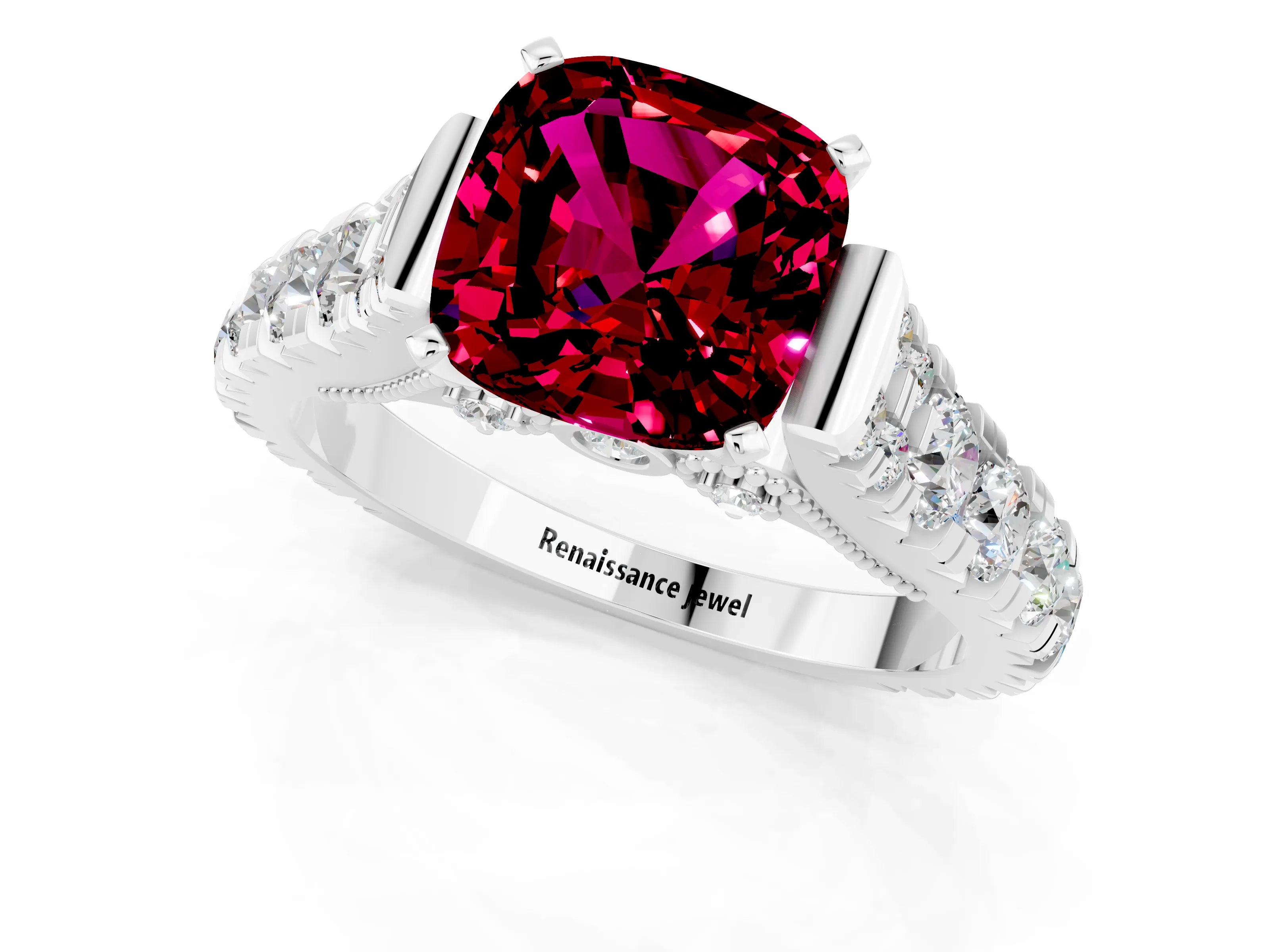 White gold Cushion Cut Garnet Classic Solitaire Ring with Pavé Band and Four-Prong Setting_1