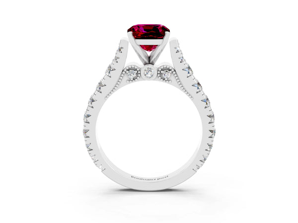 White gold Cushion Cut Garnet Classic Solitaire Ring with Pavé Band and Four-Prong Setting