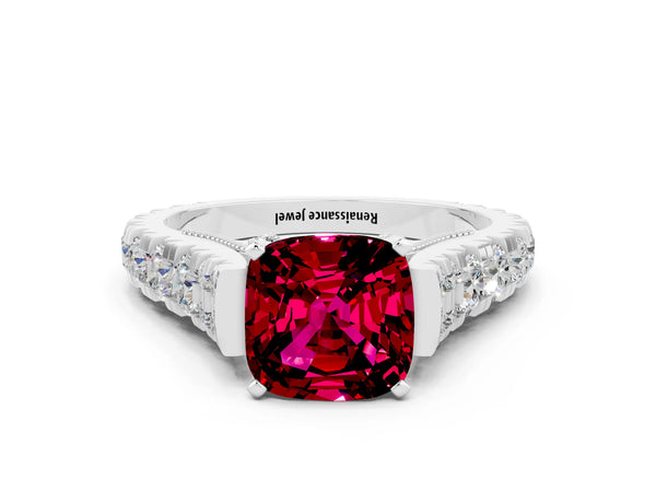 White gold Cushion Cut Garnet Classic Solitaire Ring with Pavé Band and Four-Prong Setting