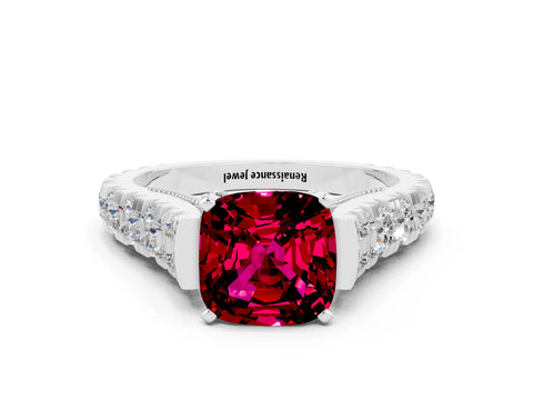 White gold Cushion Cut Garnet Classic Solitaire Ring with Pavé Band and Four-Prong Setting