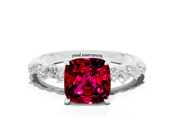 Platinum Cushion Cut Garnet Cluster Side Stone Solitaire Ring with Prong Setting