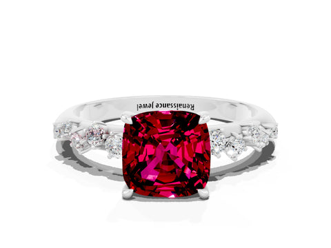 White gold Cushion Cut Garnet Cluster Side Stone Solitaire Ring with Prong Setting_24