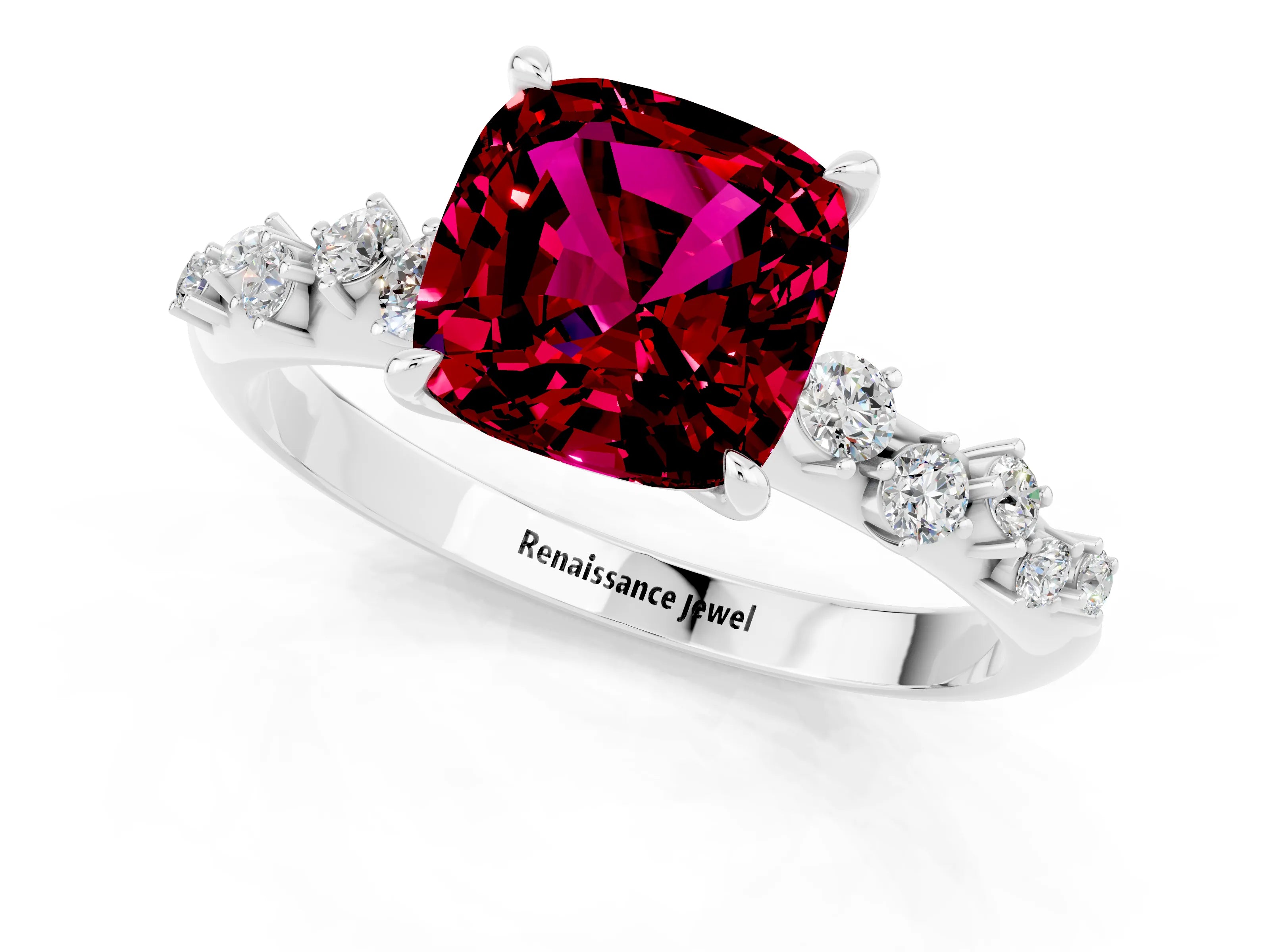 White gold Cushion Cut Garnet Cluster Side Stone Solitaire Ring with Prong Setting_25