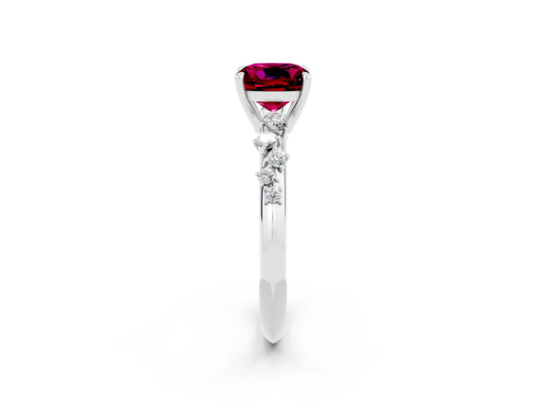 White gold Cushion Cut Garnet Cluster Side Stone Solitaire Ring with Prong Setting
