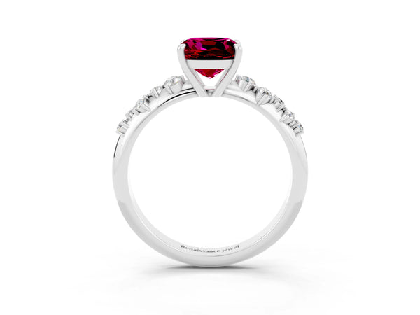 Platinum Cushion Cut Garnet Cluster Side Stone Solitaire Ring with Prong Setting