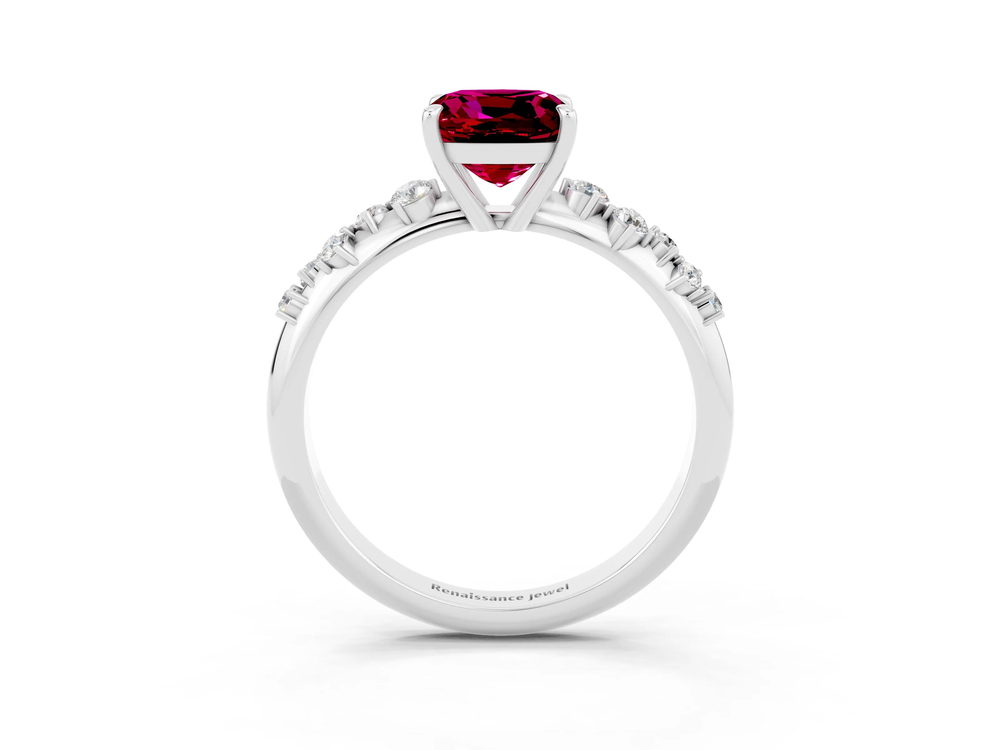 White gold Cushion Cut Garnet Cluster Side Stone Solitaire Ring with Prong Setting_27