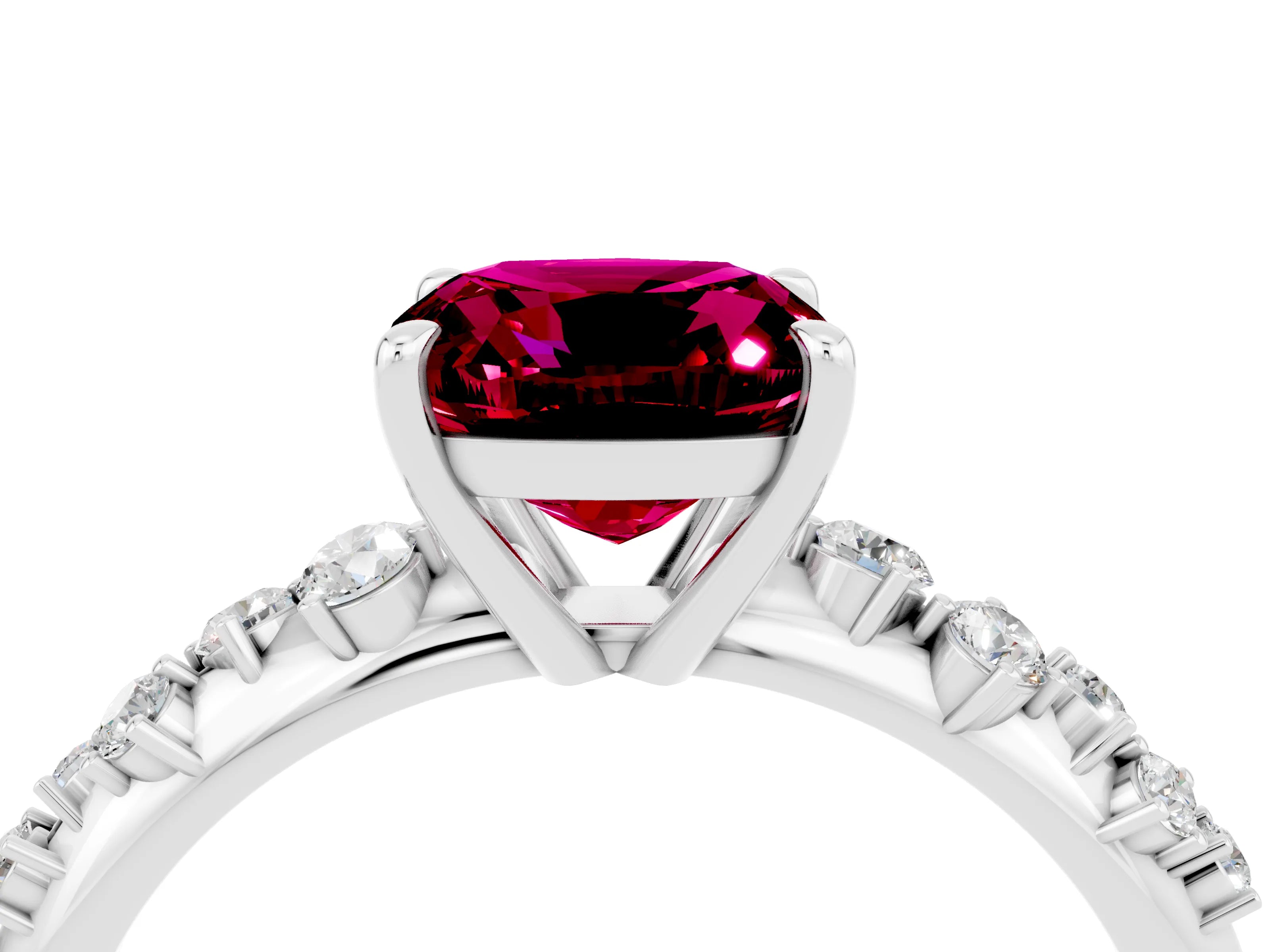 White gold Cushion Cut Garnet Cluster Side Stone Solitaire Ring with Prong Setting_28