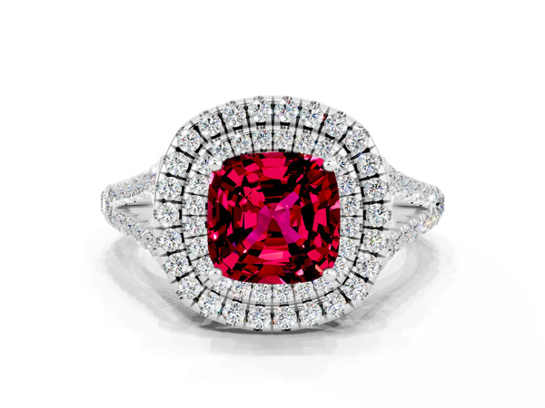 Platinum Cushion Cut Garnet Double Halo Ring with Pavé Band and Prong Setting
