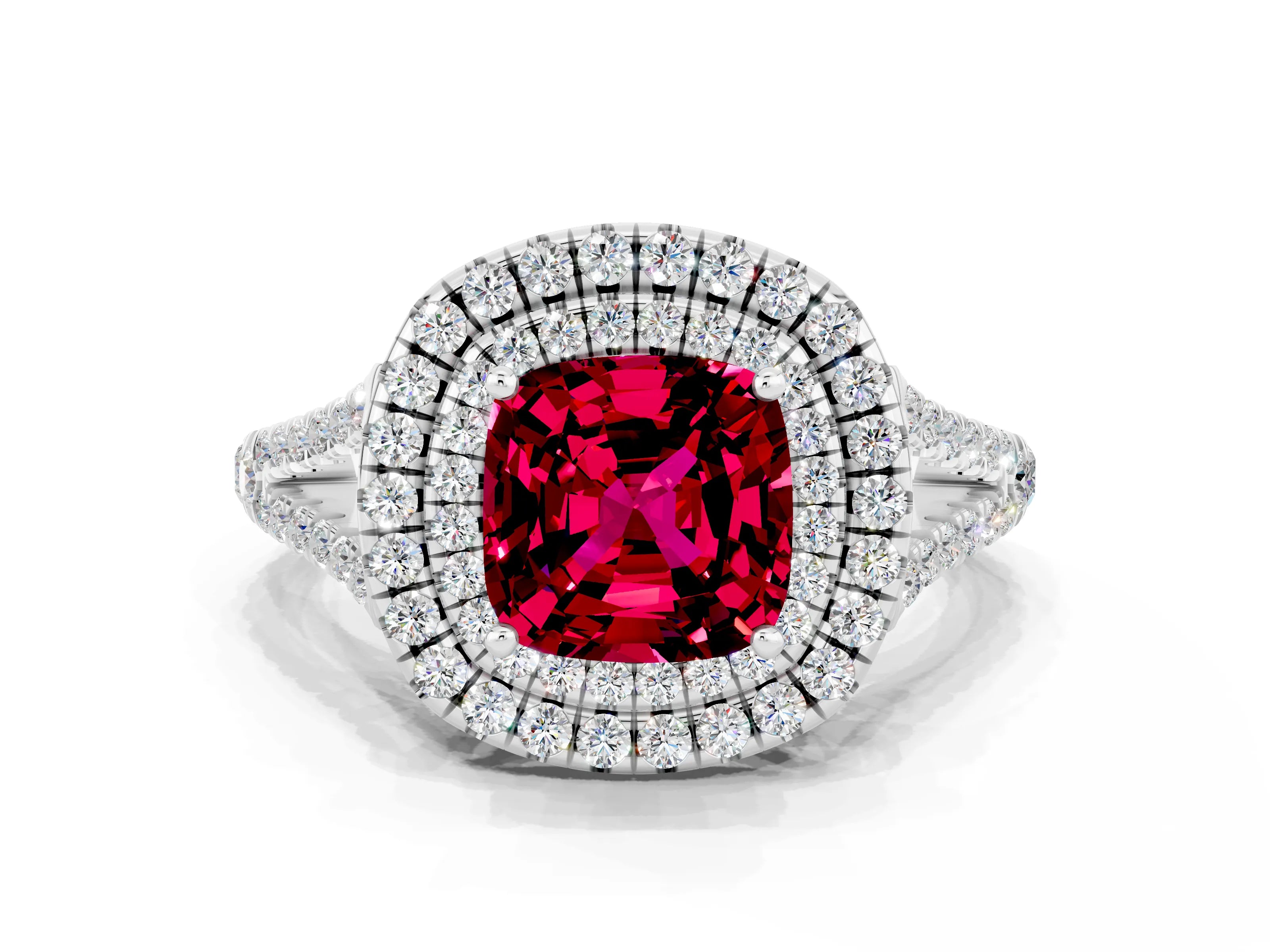 White gold Cushion Cut Garnet Double Halo Ring with Pavé Band and Prong Setting_12