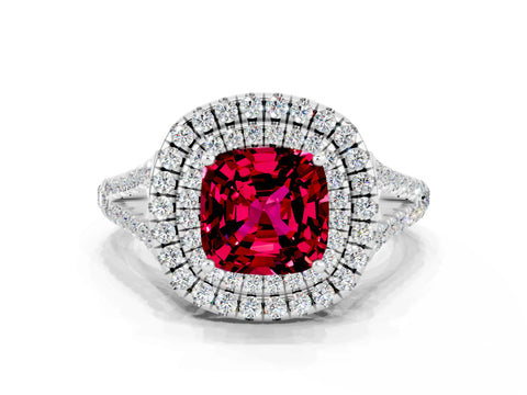 White gold Cushion Cut Garnet Double Halo Ring with Pavé Band and Prong Setting_12