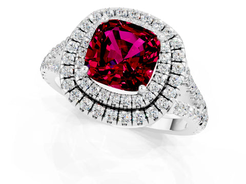 White gold Cushion Cut Garnet Double Halo Ring with Pavé Band and Prong Setting_13