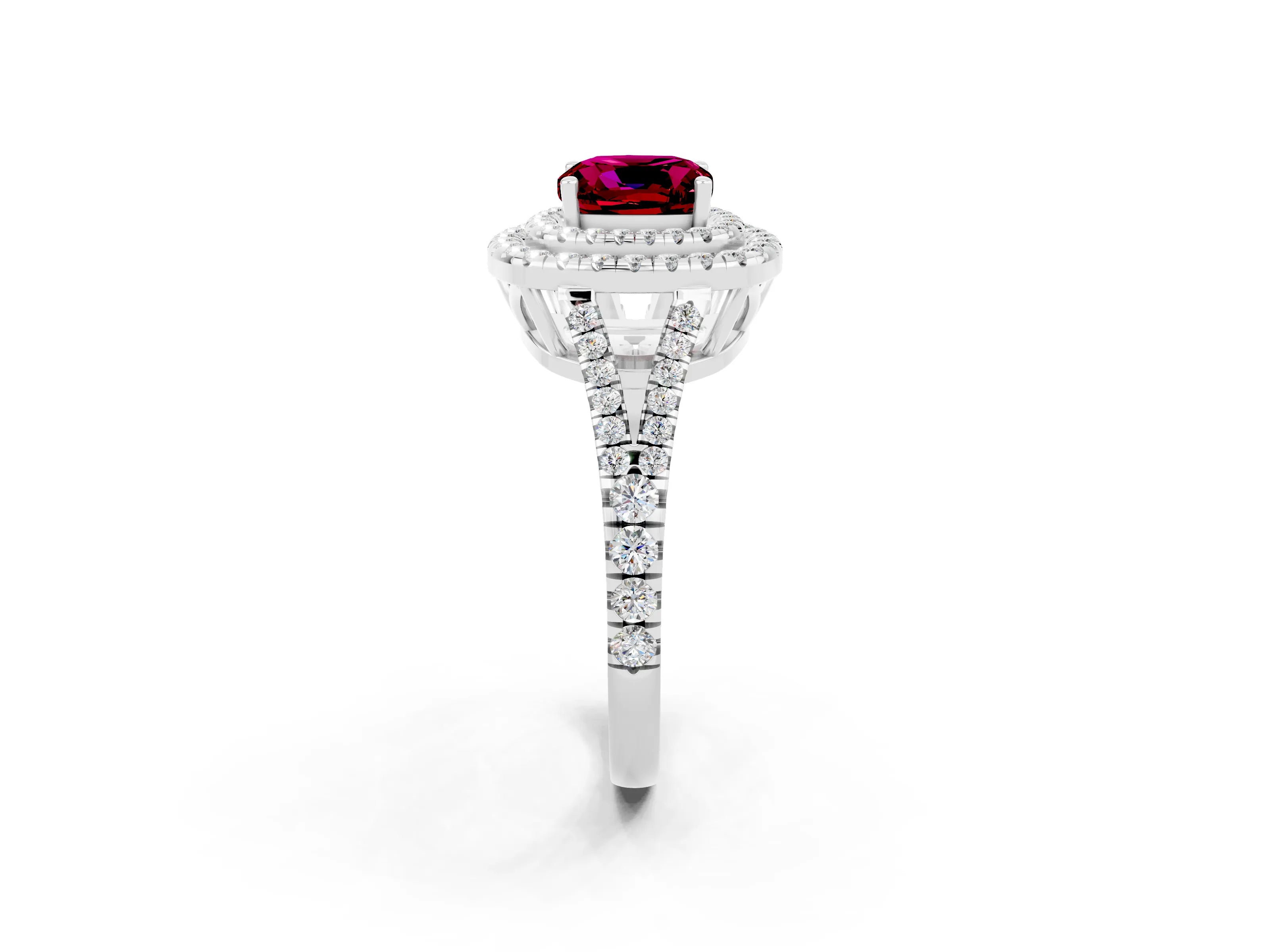 White gold Cushion Cut Garnet Double Halo Ring with Pavé Band and Prong Setting_14