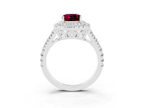 White gold Cushion Cut Garnet Double Halo Ring with Pavé Band and Prong Setting_15