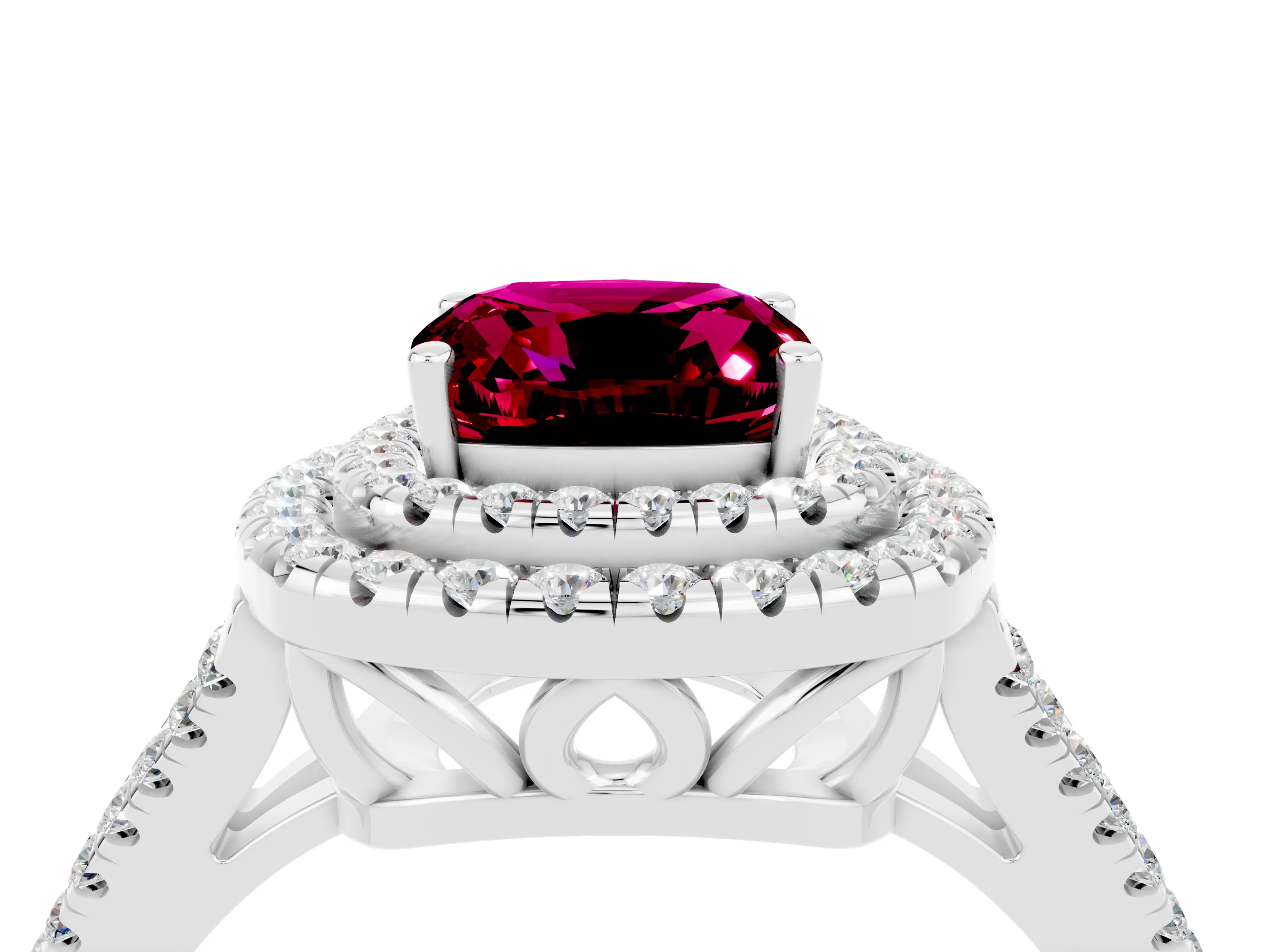 White gold Cushion Cut Garnet Double Halo Ring with Pavé Band and Prong Setting_16