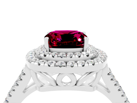 White gold Cushion Cut Garnet Double Halo Ring with Pavé Band and Prong Setting_16