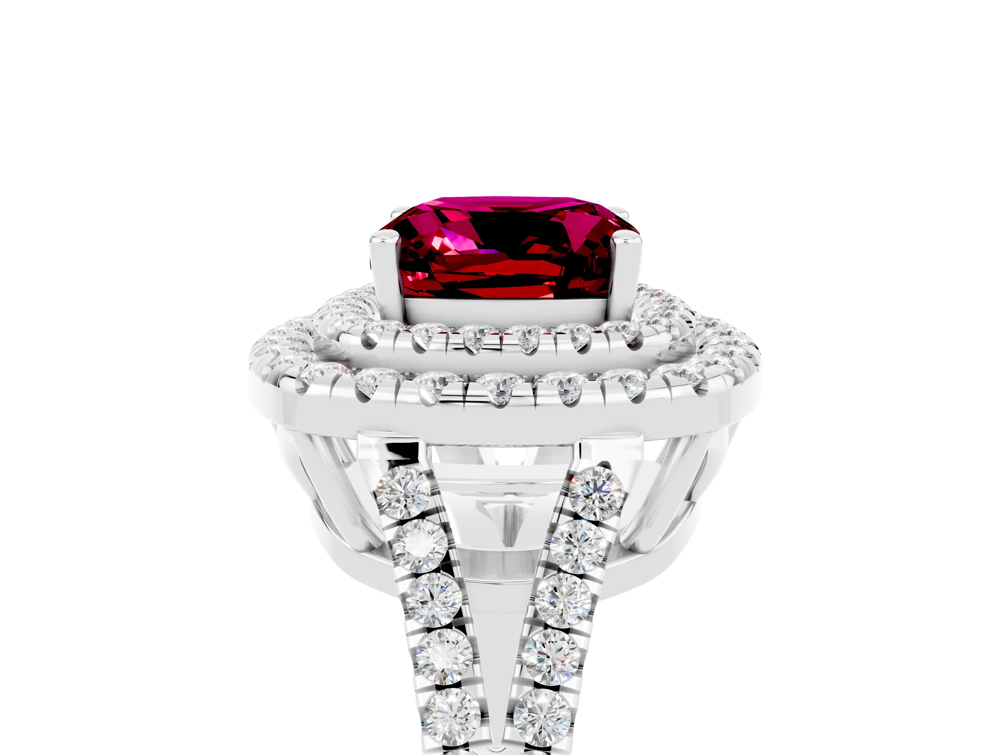 White gold Cushion Cut Garnet Double Halo Ring with Pavé Band and Prong Setting_17