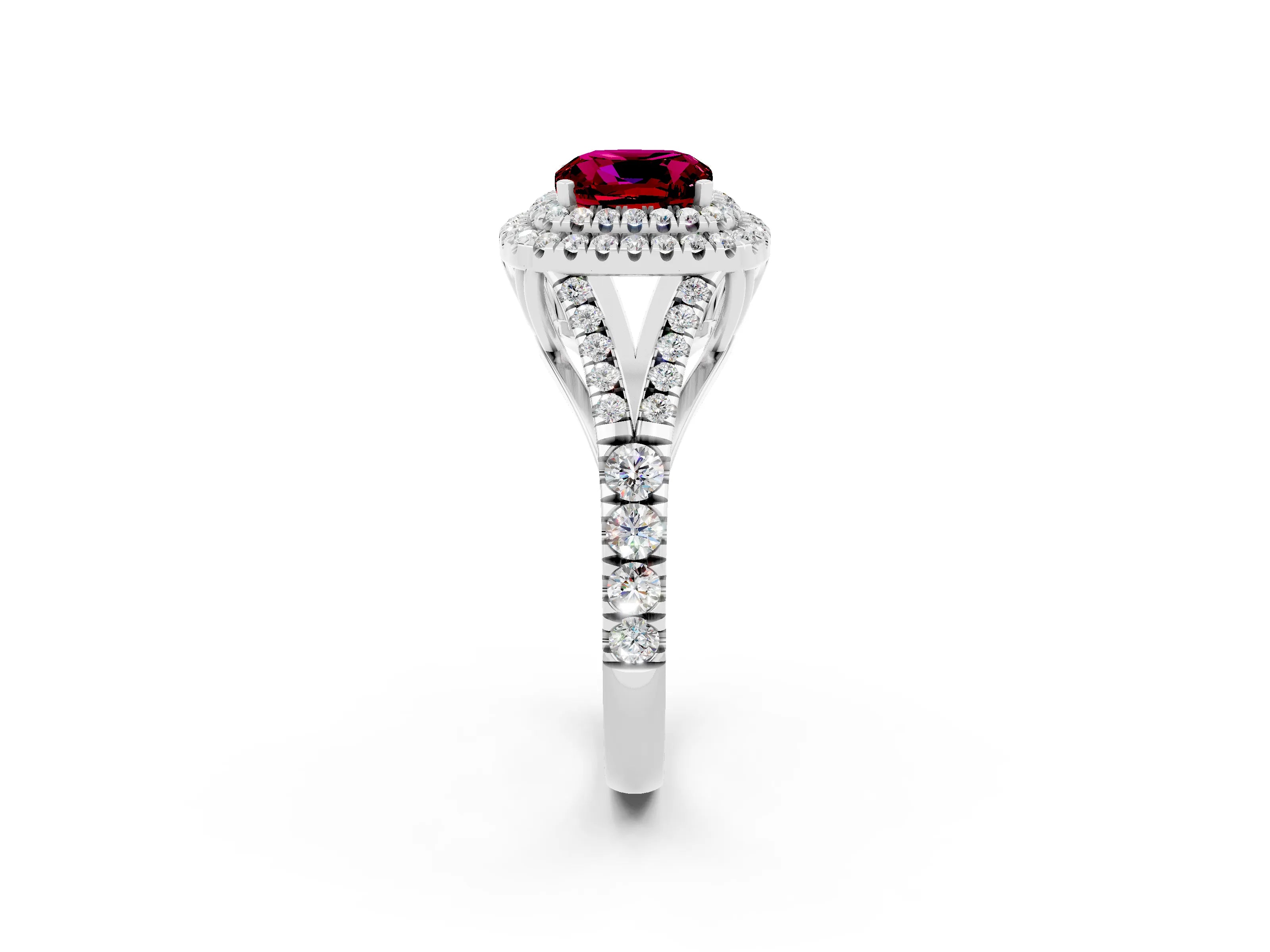 White gold Cushion Cut Garnet Double Halo Ring with Split Shank and Prong Setting_62