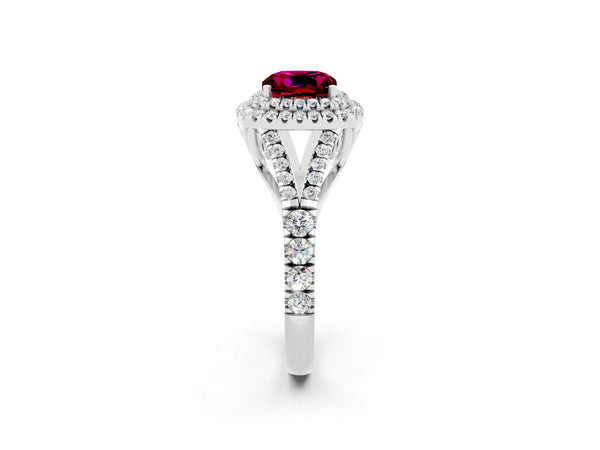 Silver Cushion Cut Garnet Double Halo Ring with Split Shank and Prong Setting
