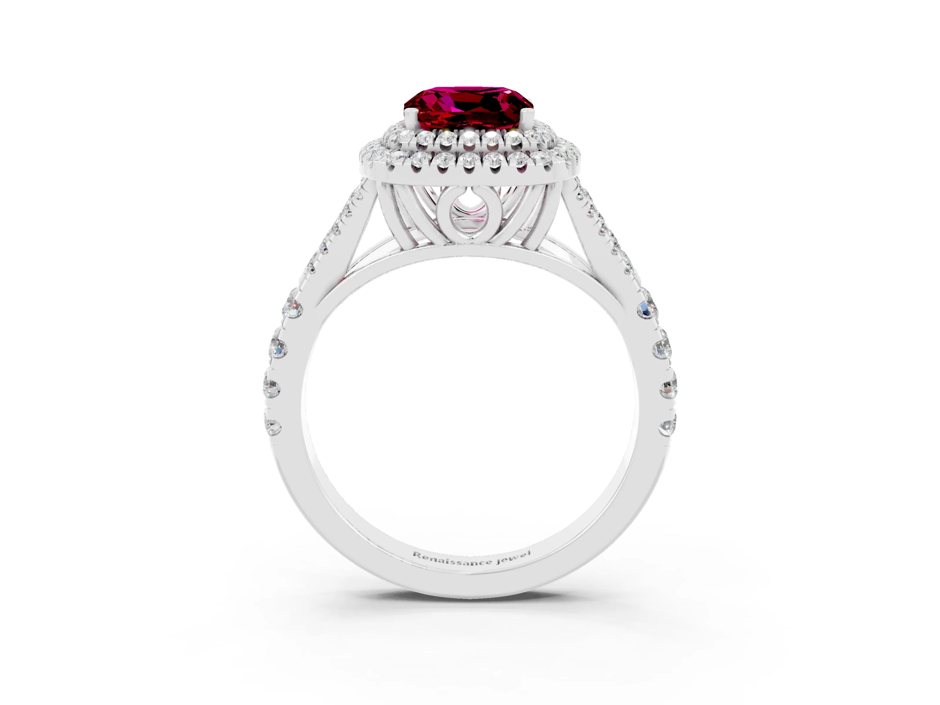 White gold Cushion Cut Garnet Double Halo Ring with Split Shank and Prong Setting_67