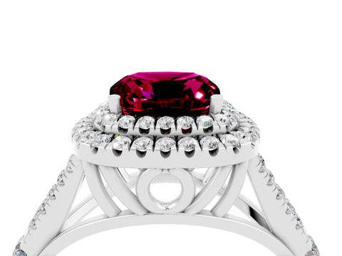 White gold Cushion Cut Garnet Double Halo Ring with Split Shank and Prong Setting_68