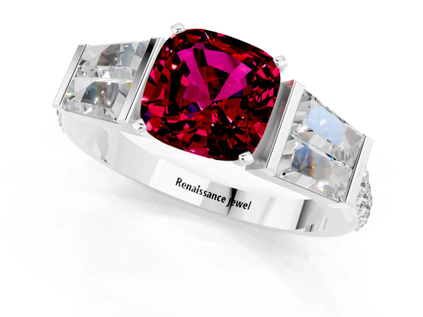 Platinum Cushion Cut Garnet Engagement Ring with Baguette Side Stones and Channel Set Band