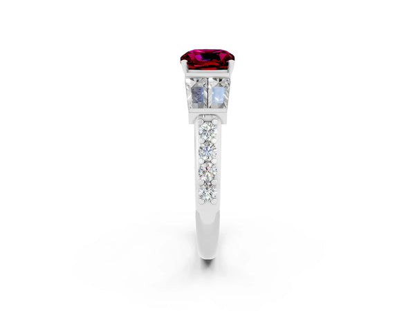Platinum Cushion Cut Garnet Engagement Ring with Baguette Side Stones and Channel Set Band